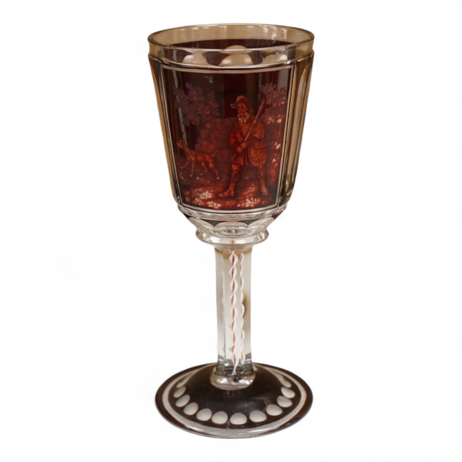 A Bohemian engraved ruby overlaid wine goblet, c.1850